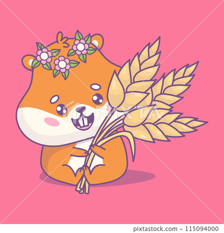 Cute joyful girl hamster with ears of wheat. Funny cartoon kawaii animal character. Vector illustration. Kids collection 115094000
