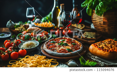Assorted Italian food set on table Assorted Italian food set on table 115094076