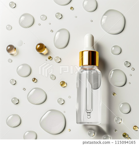 Drops of cosmetic serum and a pipette. A skin care product. White background. Copy space 115094165