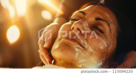 Beautiful senior woman having chemical peeling beauty treatment. The expert beautician is applying chemical solution onto woman's face. 115094220