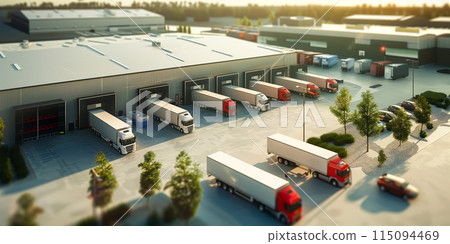 Semi Trailer Trucks on The Parking Lot. Trucks Loading at Dock Warehouse. 115094469