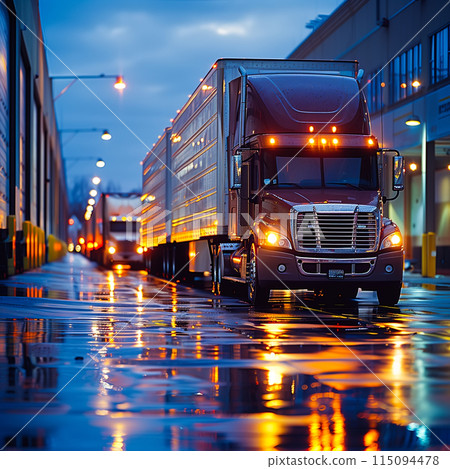 Semi Trailer Trucks on The Parking Lot. Trucks Loading at Dock Warehouse. 115094478
