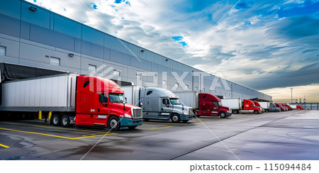 Semi Trailer Trucks on The Parking Lot. Trucks Loading at Dock Warehouse. 115094484