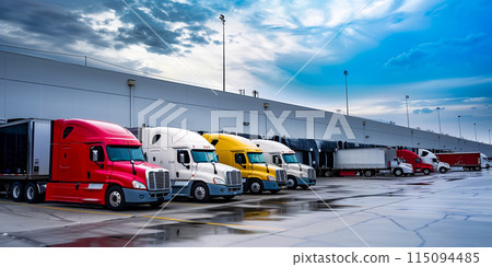 Semi Trailer Trucks on The Parking Lot. Trucks Loading at Dock Warehouse. 115094485