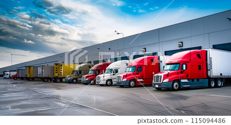 Semi Trailer Trucks on The Parking Lot. Trucks Loading at Dock Warehouse. 115094486
