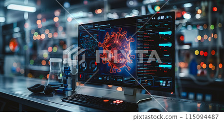 Modern computer is analyzing data DNA gene transfer and gene therapy disease treatment 115094487