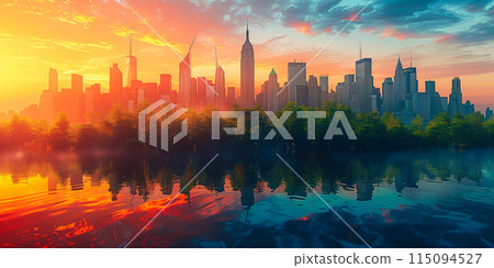 Beautiful abstract cityscape with skyscrapers, business buildings architecture, green park and lake 115094527
