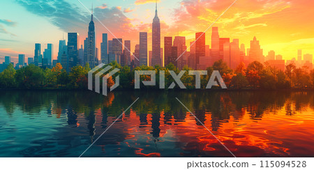 Beautiful abstract cityscape with skyscrapers, business buildings architecture, green park and lake 115094528