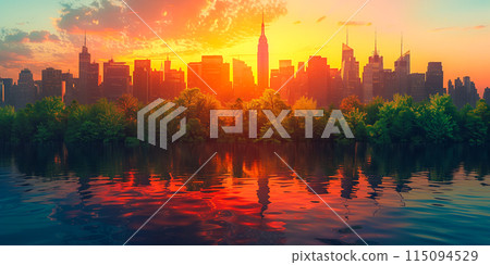 Beautiful abstract cityscape with skyscrapers, business buildings architecture, green park and lake 115094529