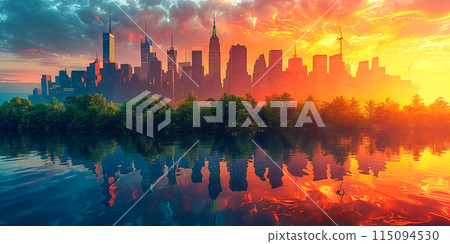Beautiful abstract cityscape with skyscrapers, business buildings architecture, green park and lake 115094530