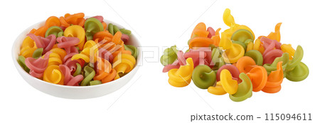 Raw colored pasta in ceramic bowl isolated on white background with full depth of field 115094611
