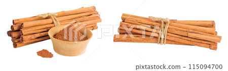 Cinnamon sticks with powder in wooden bowl isolated on white background with full depth of field Cinnamon sticks with powder in wooden bowl isolated on white background with full depth of field 115094700