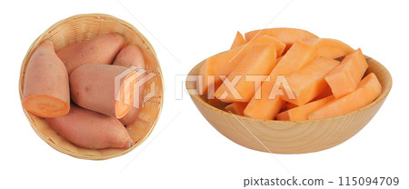 Sweet potato in a wicker basket isolated on white background. Top view. Flat lay Sweet potato in a wicker basket isolated on white background. Top view. Flat lay 115094709