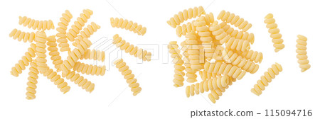 Italian spiral shaped pasta, Fusilli bucati macaroni, isolated on white background. Top view. Flat lay. Italian spiral shaped pasta, Fusilli bucati macaroni, isolated on white background. Top view. Flat lay. 115094716