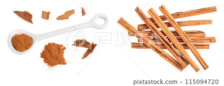 Cinnamon powder in ceramic spoon with cinnamon stick crushed isolated on white background. Top view. Flat lay. Cinnamon powder in ceramic spoon with cinnamon stick crushed isolated on white background. Top view. Flat lay. 115094720