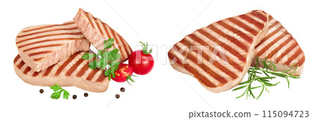Tuna fish steak grilled isolated on white background with full depth of field 115094723