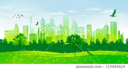 Green City landscape with buildings, hills and trees. Eco and green energy concept. 115094824