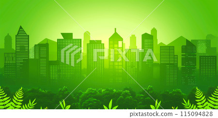 Green City landscape with buildings, hills and trees. Eco and green energy concept. 115094828