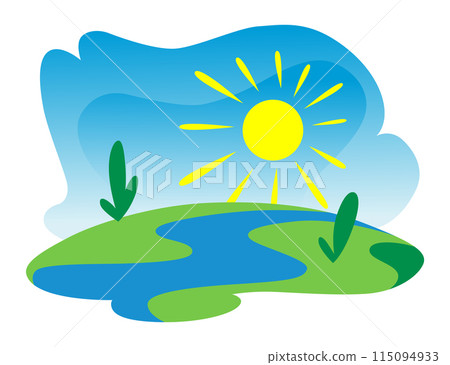 Nature sun icon. Colorful summer landscape isolated for template emblem. Ecological or nature symbol on white. Sunny summer vector illustration Nature sun icon. Colorful summer landscape isolated for template emblem. Ecological or nature symbol on white. Sunny summer vector illustration 115094933