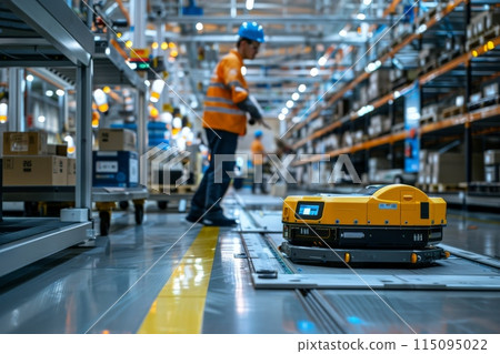 Automated Robot in Busy Industrial Warehouse 115095022