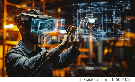 Computer Science Engineer in Virtual Reality Headset Using Controllers and Operating Robot Arm Under his Control. Computer Science Engineer in Virtual Reality Headset Using Controllers and Operating Robot Arm Under his Control. 115095032