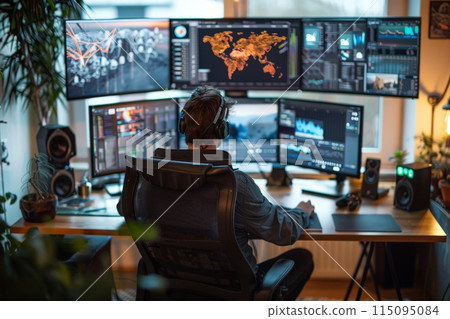 Analyst Monitoring Global Data on Multiple Screens 115095084
