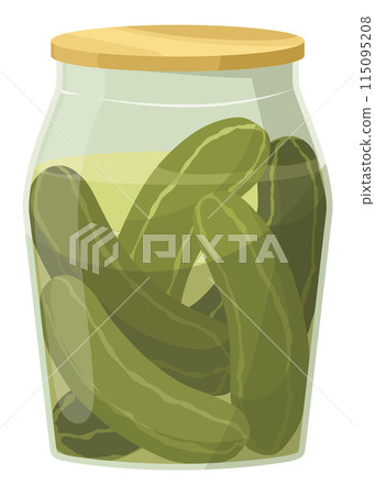 Homemade pickled cucumber. Clip-art of marinated food for packaging, label, menu, signboard or showcase. Fermented veggies, crunch gherkin with salt. Healthy vegetarian food 115095208