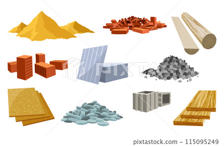 Building materials for construction sites or renovation works. Bricks, planks, metal, sand and stone vector set. Building materials for construction sites or renovation works. Bricks, planks, metal, sand and stone vector set. 115095249