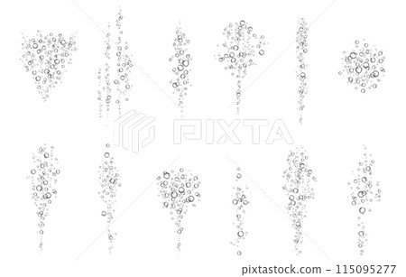 Oxygen air bubbles flow in water on white background. Oxygen air bubbles flow in water on white background. 115095277