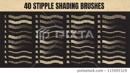 Stipple scatter brush, ink drawing and texturing. Fading gradient. Stippling, dotwork drawing, shading using dots. Halftone disintegration effect. White noise grainy texture. Vector illustration 115095329