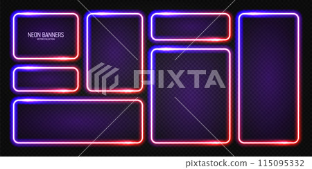Glowing neon banners, illuminated colorful square frames. Shiny vibrant border, glow effect. Violet vintage retro lights, night illumination. Modern futuristic UI design elements. Vector illustration 115095332