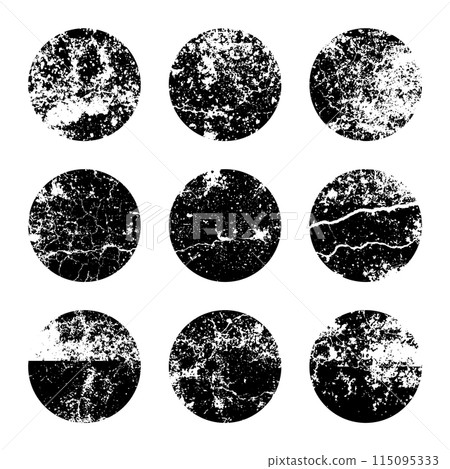 Grunge circles with stains and scratches. Circle brush stroke, round shape design element. Distressed dirty text frame, border, sticker or label. Paintbrush, ink stains. Vector illustration 115095333