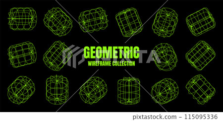 Wireframe lined shapes. Perspective mesh, 3d grid. Low poly geometric elements. Retro futuristic design elements, y2k, vaporwave and synthwave style. Vector illustration Wireframe lined shapes. Perspective mesh, 3d grid. Low poly geometric elements. Retro futuristic design elements, y2k, vaporwave and synthwave style. Vector illustration 115095336
