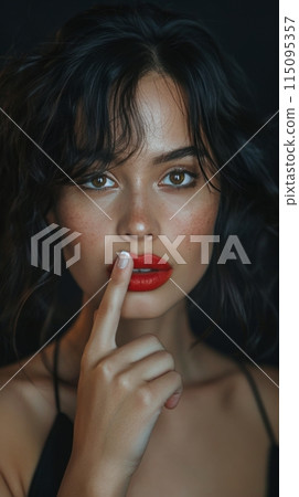 Woman Gesturing Silence With Finger on Lips 115095357
