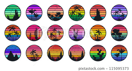 Grunge vintage sunset collection. Colorful striped sunrise badges in 80s and 90s style. Sun and ocean view, summer vibes, surfing. Design element for print, logo or t-shirt. Vector illustration 115095373