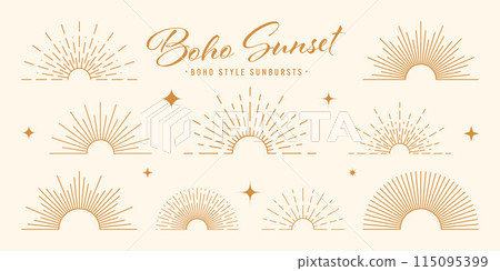 Vintage sunburst, sunset beams, half circle sunrise. Boho style, modern minimalist bohemian design. Hand drawn bursting sun, light rays. Lettering design element in retro style. Vector illustration Vintage sunburst, sunset beams, half circle sunrise. Boho style, modern minimalist bohemian design. Hand drawn bursting sun, light rays. Lettering design element in retro style. Vector illustration 115095399