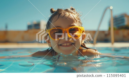 Little Girl Wearing Yellow Goggles in Swimming Pool 115095401
