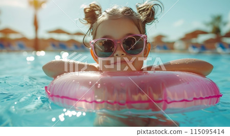 Little Girl With Sunglasses and Pink Floatie in Pool 115095414