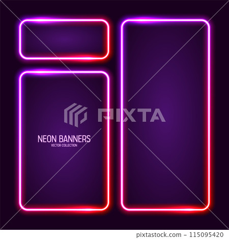 Glowing neon banners, illuminated colorful square frames. Shiny vibrant border, glow effect. Purple vintage retro lights, night illumination. Modern futuristic UI design elements. Vector illustration Glowing neon banners, illuminated colorful square frames. Shiny vibrant border, glow effect. Purple vintage retro lights, night illumination. Modern futuristic UI design elements. Vector illustration 115095420