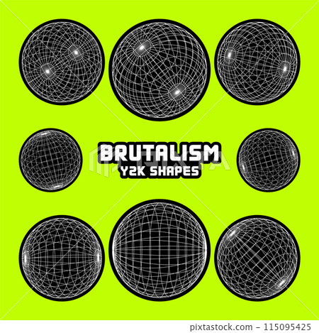 Wireframe shapes, lined sphere. Perspective mesh, 3d grid. Modern trendy low poly geometric elements. Retro futuristic design elements, y2k, vaporwave and synthwave style. Vector illustration Wireframe shapes, lined sphere. Perspective mesh, 3d grid. Modern trendy low poly geometric elements. Retro futuristic design elements, y2k, vaporwave and synthwave style. Vector illustration 115095425