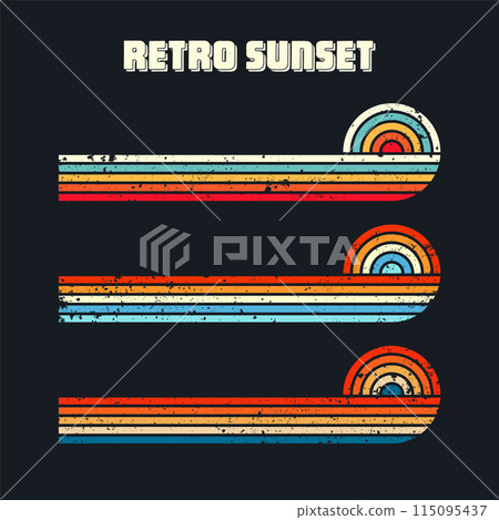 Grunge horizontal vintage sunsets. Various colorful striped sunrise badges in 80s and 90s style. Sun and ocean view, summer vibes, surfing. Design element, print, logo or t-shirt. Vector illustration 115095437