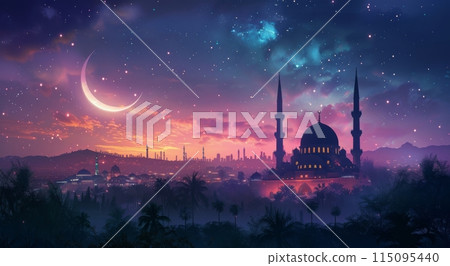 Night Sky Painting With Stars and Crescent 115095440