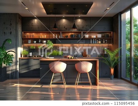 Kitchen With Two Stools Next to a Counter 115095456