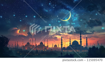 Night Sky Painting With Stars and Crescent 115095470