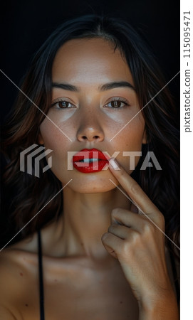Woman Gesturing Silence With Finger on Lips 115095471