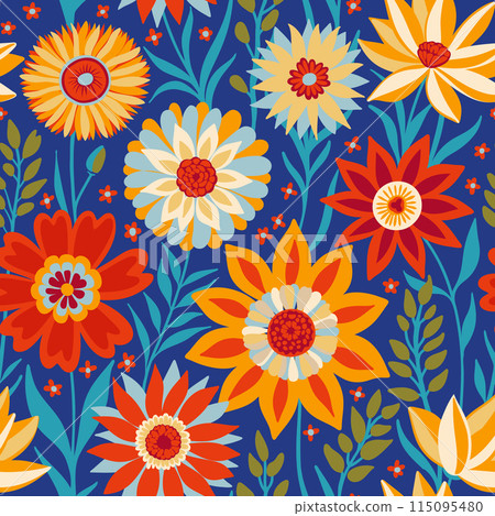 Floral Seamless Random Pattern with Fantasy Flowers in Bohemian Style in Blue, Red, Yellow, White Colors, Great for Textiles, Surfaces, Wallpapers, Wrapping Papers, Fabrics, Prints. 115095480