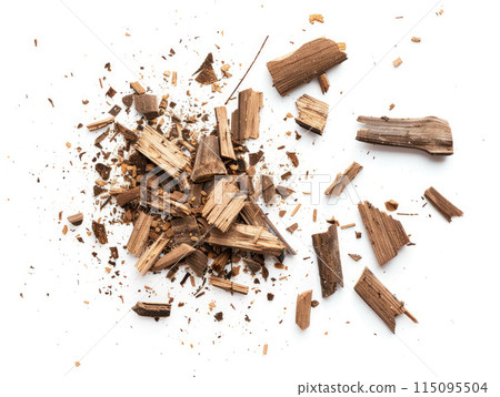 Pile of wood shavings, sawdust, and small wood fragments scattered on a white background. Nature textures and materials for design and art projects. Ai generation. Pile of wood shavings, sawdust, and small wood fragments scattered on a white background. Nature textures and materials for design and art projects. Ai generation. 115095504