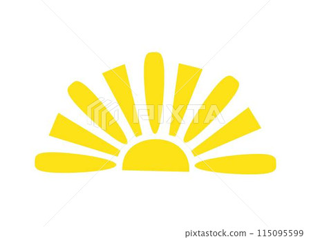 Simple yellow half sun handdrawn vector flat illustration with half-circle shape in middle, cute summer sunset, dawn image for logo, cards, decor, vacation concept, holiday, summertime kids design Simple yellow half sun handdrawn vector flat illustration with half-circle shape in middle, cute summer sunset, dawn image for logo, cards, decor, vacation concept, holiday, summertime kids design 115095599