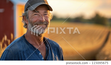 Man Standing in Field With Red Barn 115095675