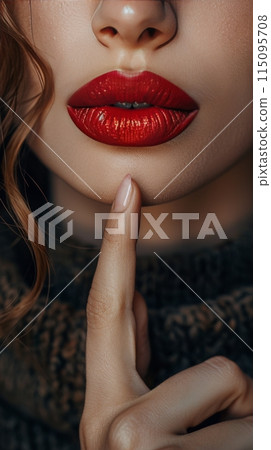 Woman Gesturing Silence With Finger on Lips 115095708